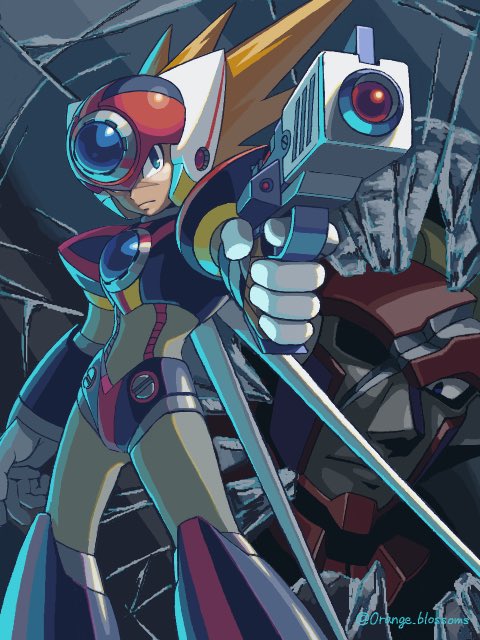 2boys, aiming, aiming_at_viewer, android, armor, axl_(mega_man), black_armor, black_helmet