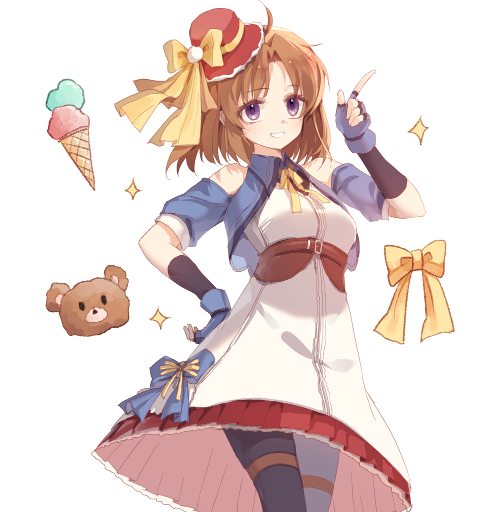 1girl, anelace_elfead, bare_shoulders, bow, brown_eyes, brown_hair, cropped_jacket, curtained_hair