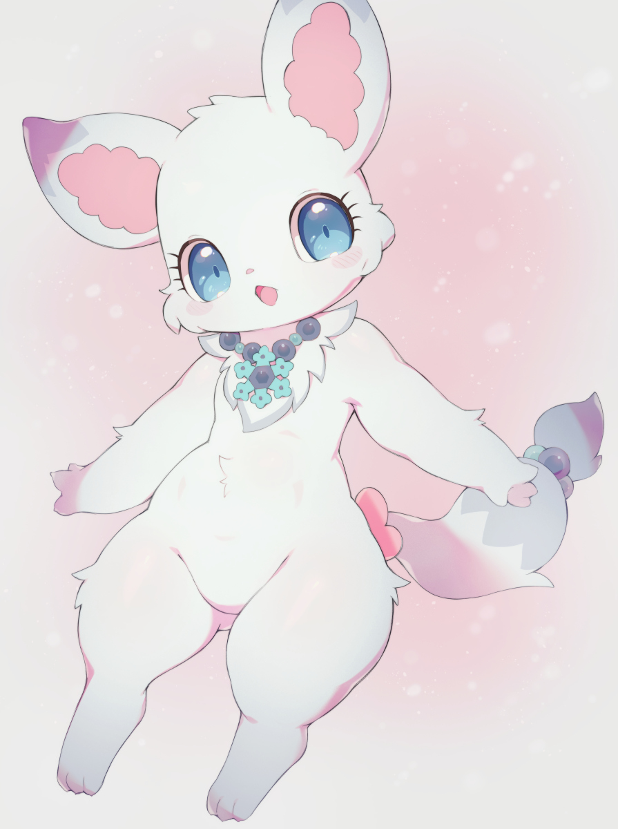 1girl, :o, animal_ears, animal_feet, animal_hands, arctic_fox, bead_necklace, beads