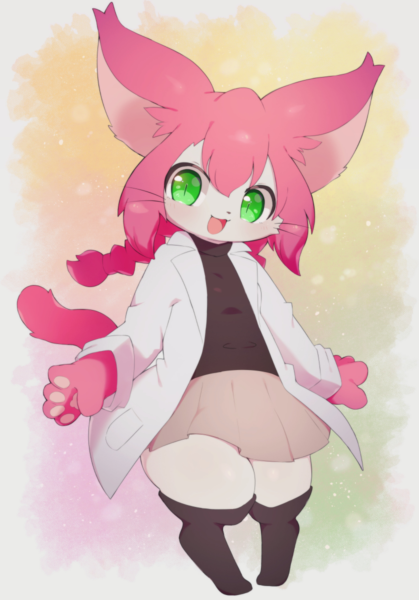 1girl, :3, animal_ears, animal_feet, animal_hands, black_sweater, black_thighhighs, braid
