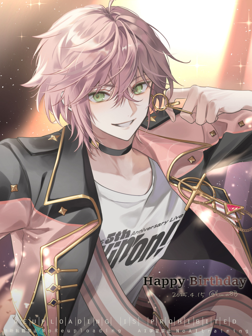 1boy, absurdres, black_choker, choker, dated, green_eyes, hair_between_eyes, happy_birthday