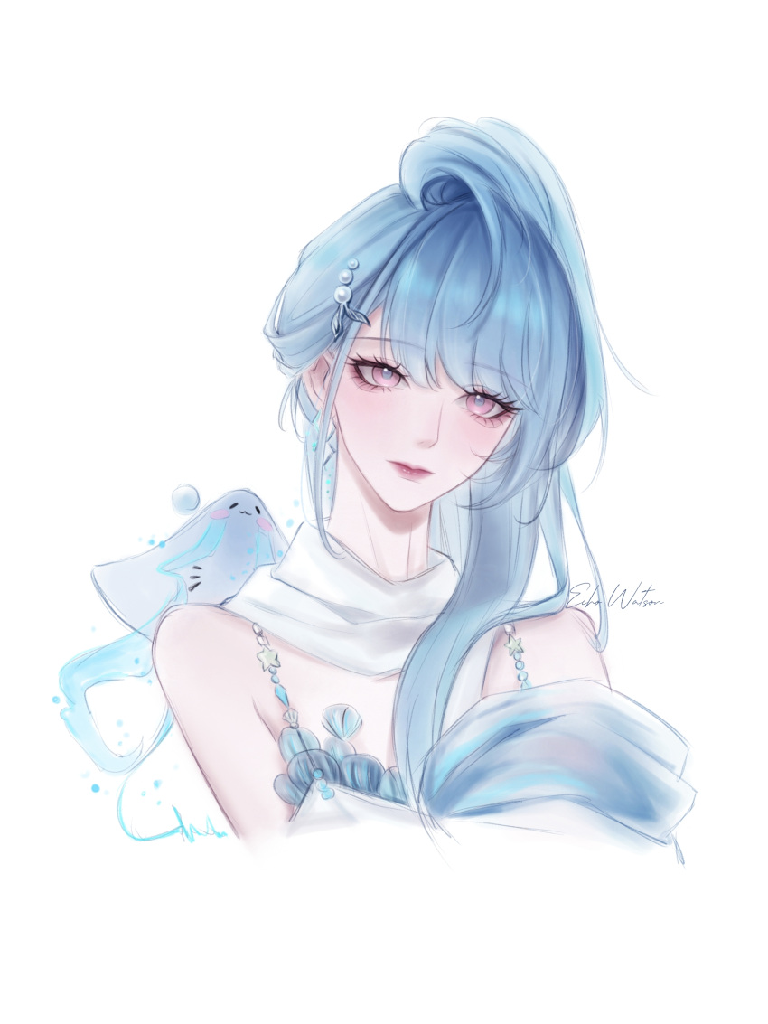 +\l.l./+_(path_to_nowhere), 1girl, absurdres, bare_shoulders, blue_hair, blush, echowatson, hair_ornament, highres, jewelry, long_hair, path_to_nowhere, simple_background, solo, upper_body, white_background