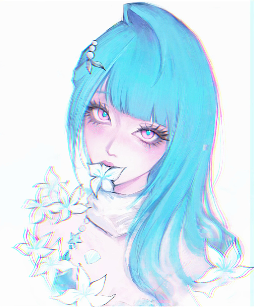 +\l.l./+_(path_to_nowhere), 1girl, blue_hair, blush, hair_ornament, highres, jewelry, long_hair, looking_at_viewer, path_to_nowhere, simple_background, solo, upper_body, white_background, yu_zhezhe
