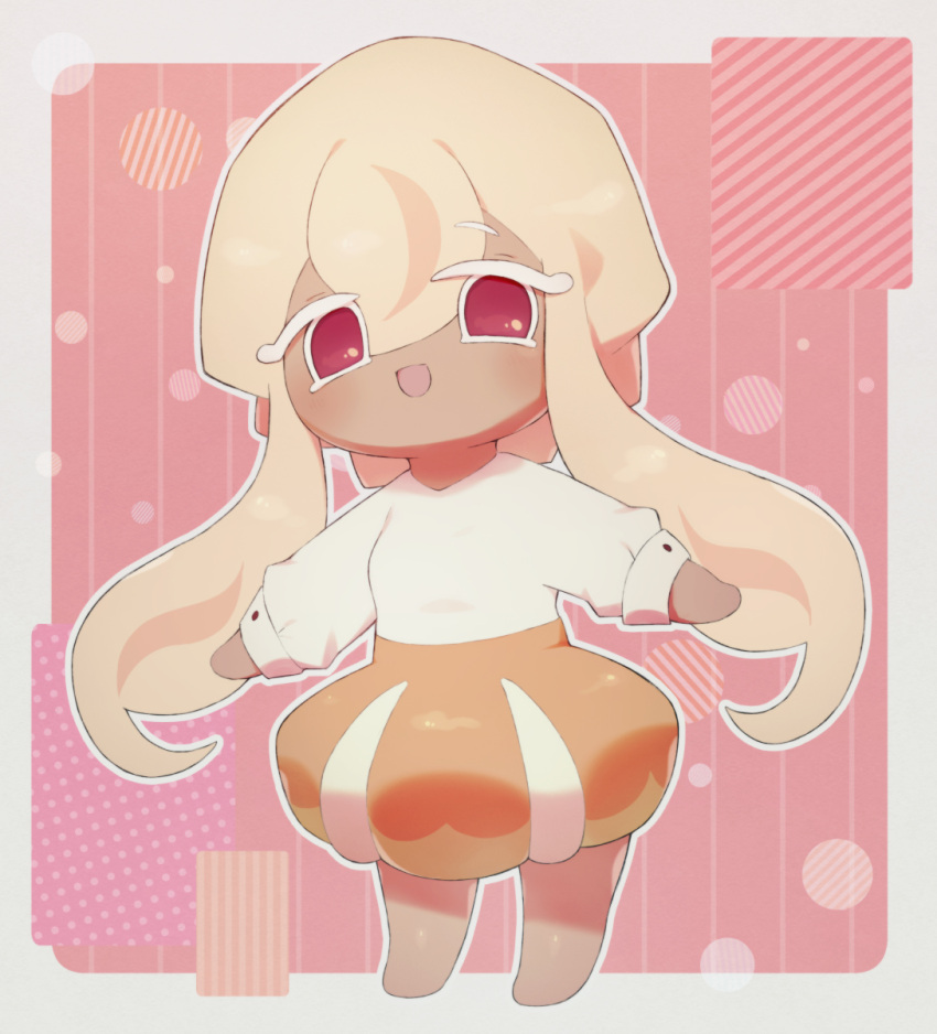 1girl, blonde_hair, blush, border, brown_skirt, caramel_choux_cookie, colored_eyelashes, commentary_request