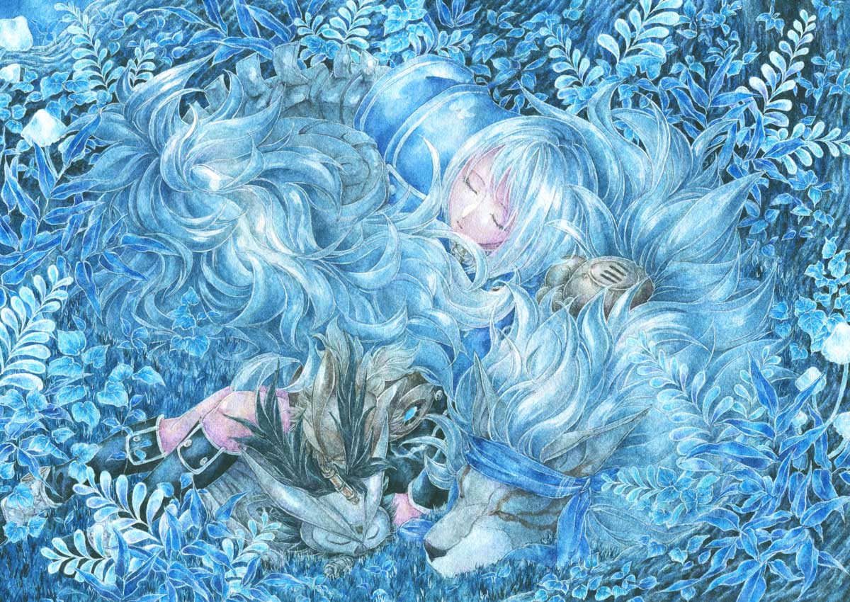 1girl, android, bird, blue_theme, boots, bug, ender_lilies_quietus_of_the_knights, ender_magnolia_bloom_in_the_mist