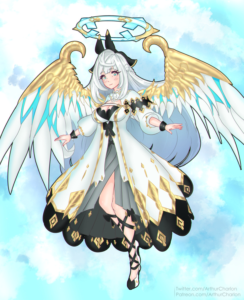 1girl, arthurcharlon, blush, breasts, cleavage_cutout, clothing_cutout, dragalia_lost, dress