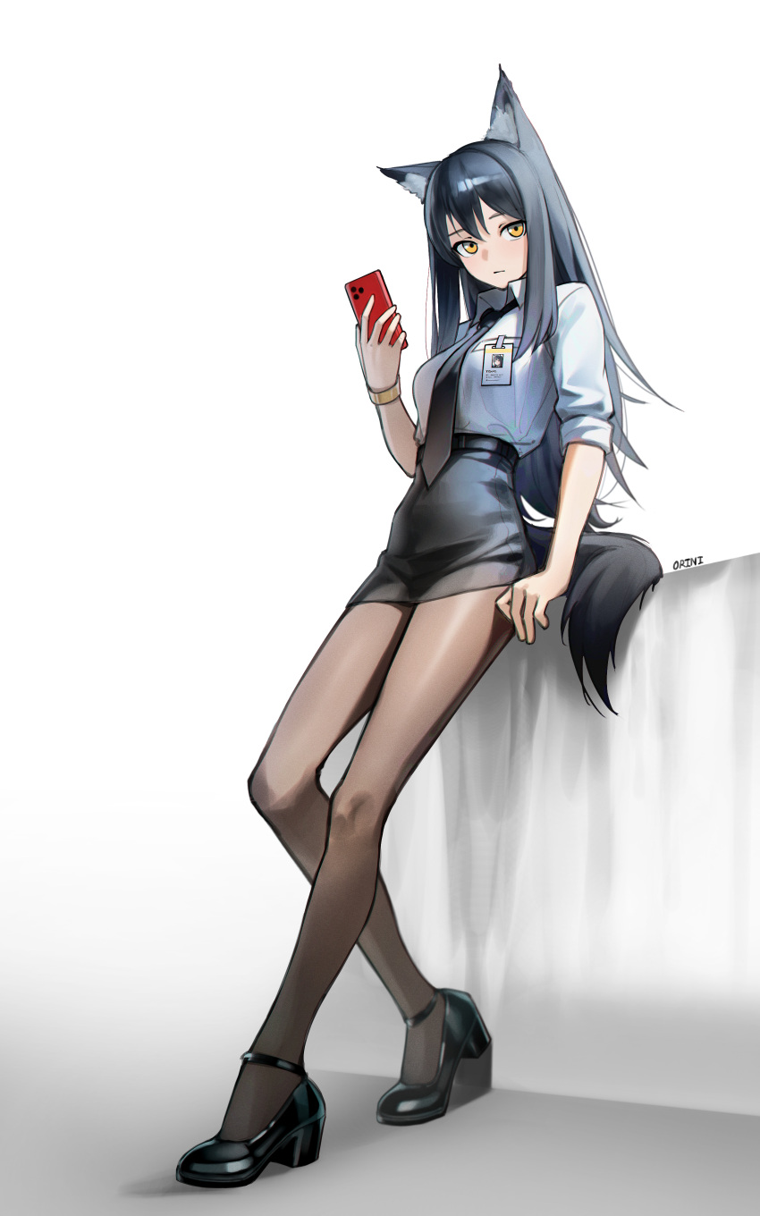 1girl, absurdres, animal_ear_fluff, animal_ears, arknights, badge, belt, black_hair
