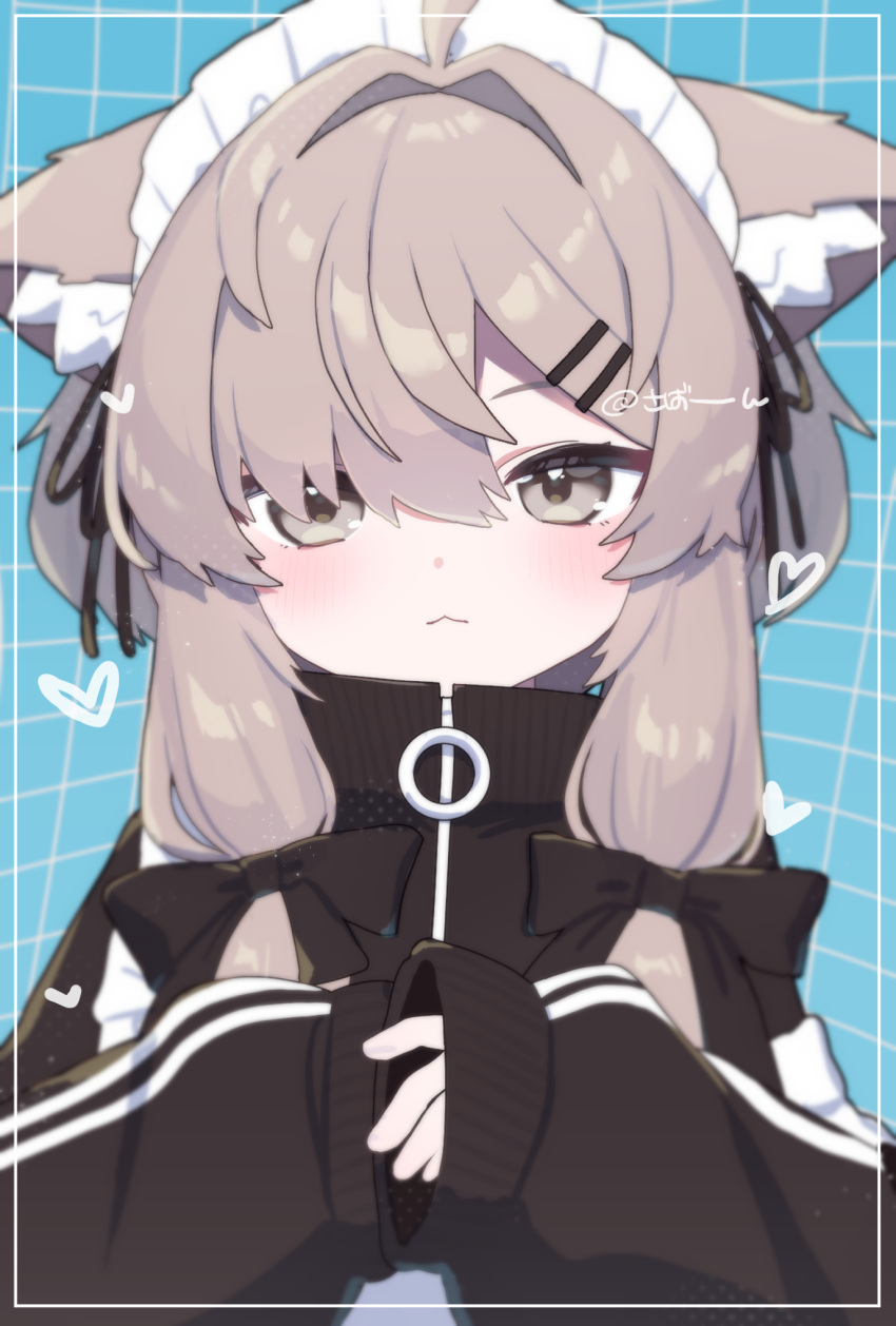1girl, :<, :3, ahoge, akikan_sabako, animal_ear_fluff, animal_ears, apron