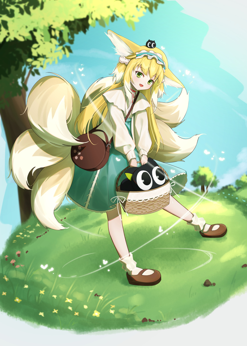 1girl, :d, absurdres, animal_ears, ankle_socks, aqua_skirt, arknights, basket