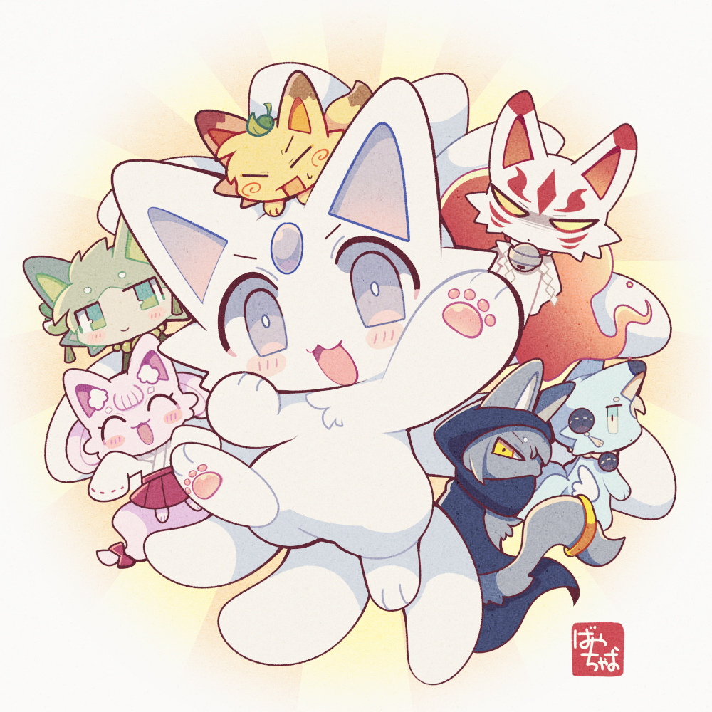 1girl, 1other, 5boys, androgynous, animal_ears, animal_feet, animal_hands, bayachao, blush, cat_boy, cat_ears, cat_girl, cat_tail, chabashira_kintoki, chibi, chibi_only, chibikemo, chiharu_(makemon!), commentary_request, fire, forehead_jewel, fox_boy, fox_ears, fox_tail, furry, furry_female, furry_male, gennou_(makemon!), izanari_(makemon!), japanese_clothes, kinari_(makemon!), kohaku_(makemon!), kokuri_(makemon!), looking_at_viewer, makemon!, miko, multiple_boys, nine-tailed_okitsune_tale, official_art, pawpads, solo_focus, tail, white_fur