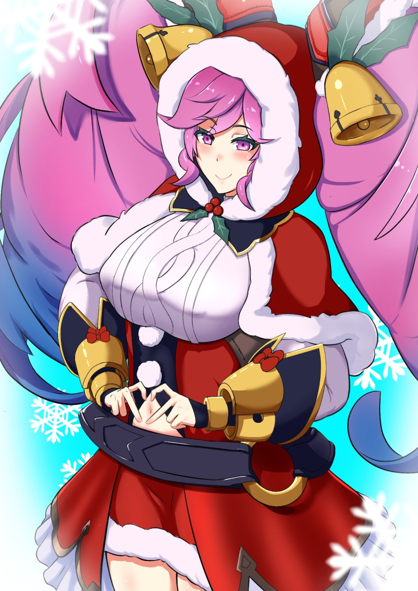 1girl, bell, belt, blue_hair, breasts, christmas, cleo_(christmas)_(dragalia_lost), cleo_(dragalia_lost), clothing_cutout, deuce98, dragalia_lost, gradient_hair, heart, heart_hands, highres, large_breasts, multicolored_hair, navel, navel_cutout, purple_hair, skirt, smile, twintails