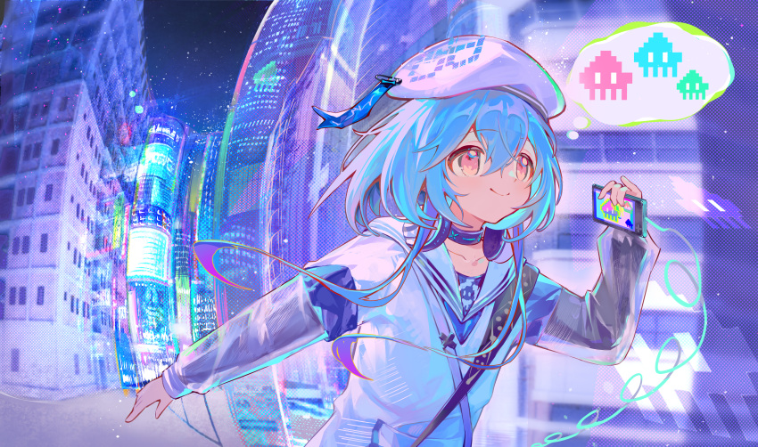 1boy, absurdres, arknights, beret, blue_hair, cellphone, chinese_commentary, city