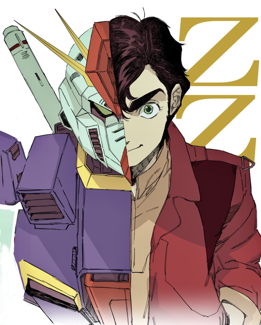 1boy, baegopayohungry, brown_hair, brown_shirt, closed_mouth, green_eyes, gundam, gundam_zz