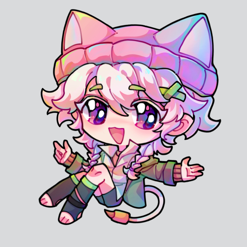 1girl, :3, :d, animal_hat, beanie, black_shorts, black_socks, braid