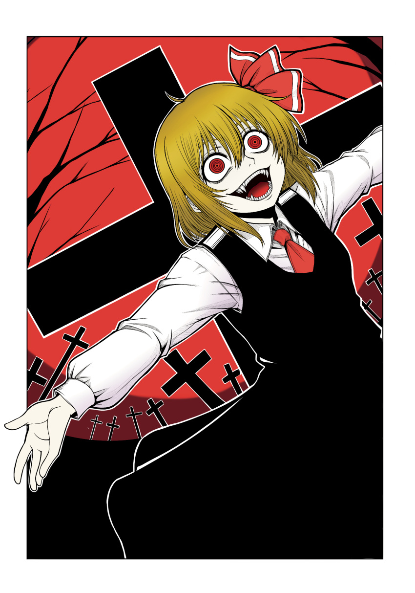 1girl, black_dress, blonde_hair, breasts, collared_shirt, cross, dress, highres