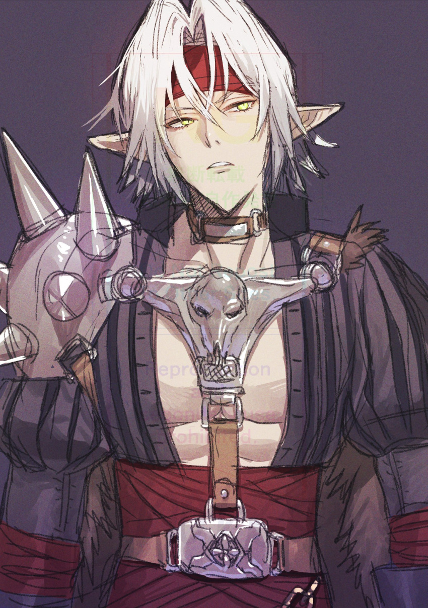 1boy, belt, black_jacket, brown_choker, choker, cosplay, dragon_quest, dragon_quest_iv, final_fantasy, final_fantasy_vii, final_fantasy_vii_ever_crisis, furrowed_brow, grey_background, hair_between_eyes, headband, highres, jacket, male_focus, none_(kameko227), official_alternate_costume, parted_bangs, parted_lips, pisaro, pisaro_(cosplay), red_belt, red_headband, sephiroth, sephiroth_(ever_crisis), short_hair, shoulder_spikes, skull_ornament, slit_pupils, solo, spikes, upper_body, yellow_eyes