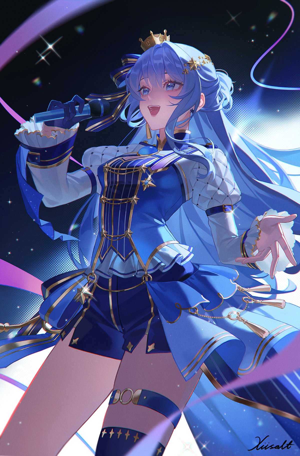 1girl, arm_belt, artist_name, belt, blue_belt, blue_eyes, blue_hair, blue_shirt, blue_skirt, breasts, commentary, cowboy_shot, crown, earrings, glint, gloves, hair_between_eyes, hair_ornament, hair_ribbon, half_gloves, highres, holding, holding_microphone, hololive, hoshimachi_suisei, hoshimachi_suisei_(stellar_into_the_galaxy), jewelry, juliet_sleeves, long_hair, long_sleeves, medium_breasts, microphone, mini_crown, music, o-ring, o-ring_thigh_strap, official_alternate_costume, open_mouth, pinstripe_pattern, pinstripe_shirt, puffy_sleeves, quilted_clothes, ribbon, shirt, singing, single_half_glove, skirt, solo, standing, star_(symbol), star_earrings, star_hair_ornament, thigh_strap, very_long_hair, virtual_youtuber, xiisalt
