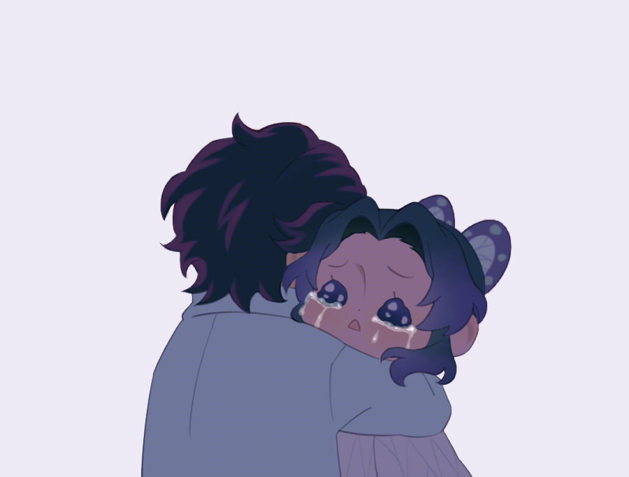 1boy, 1girl, blush, bow, bug, butterfly, chibi, chibi_inset