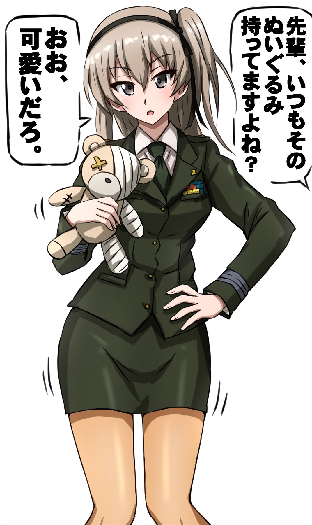 1girl, aged_up, black_necktie, black_ribbon, blazer, boko_(girls_und_panzer), brown_eyes, brown_hair