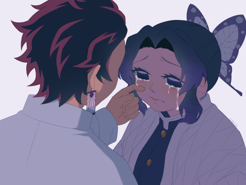 1boy, 1girl, blush, bow, bug, butterfly, crying, crying_with_eyes_open