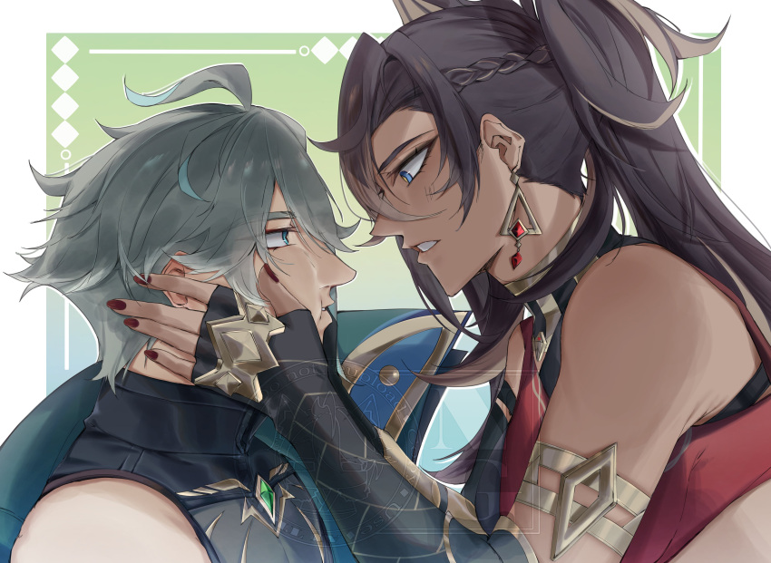 1boy, 1girl, 4reiji, absurdres, ahoge, alhaitham_(genshin_impact), aqua_hair, bandeau