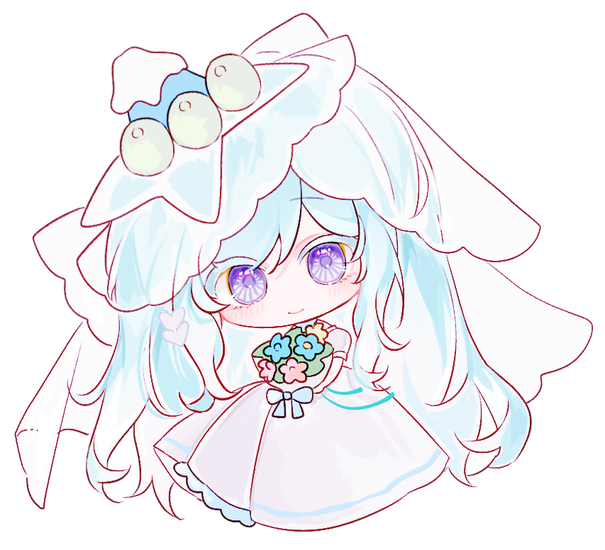 1girl, absurdly_long_hair, blue_bow, blue_flower, blue_hat, blush, bouquet, bow