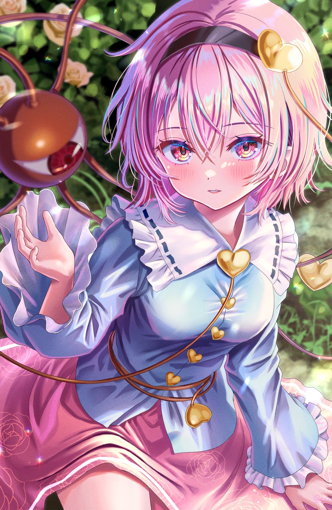 1girl, arm_support, blue_shirt, blush, breasts, buttons, commentary_request, dot_nose