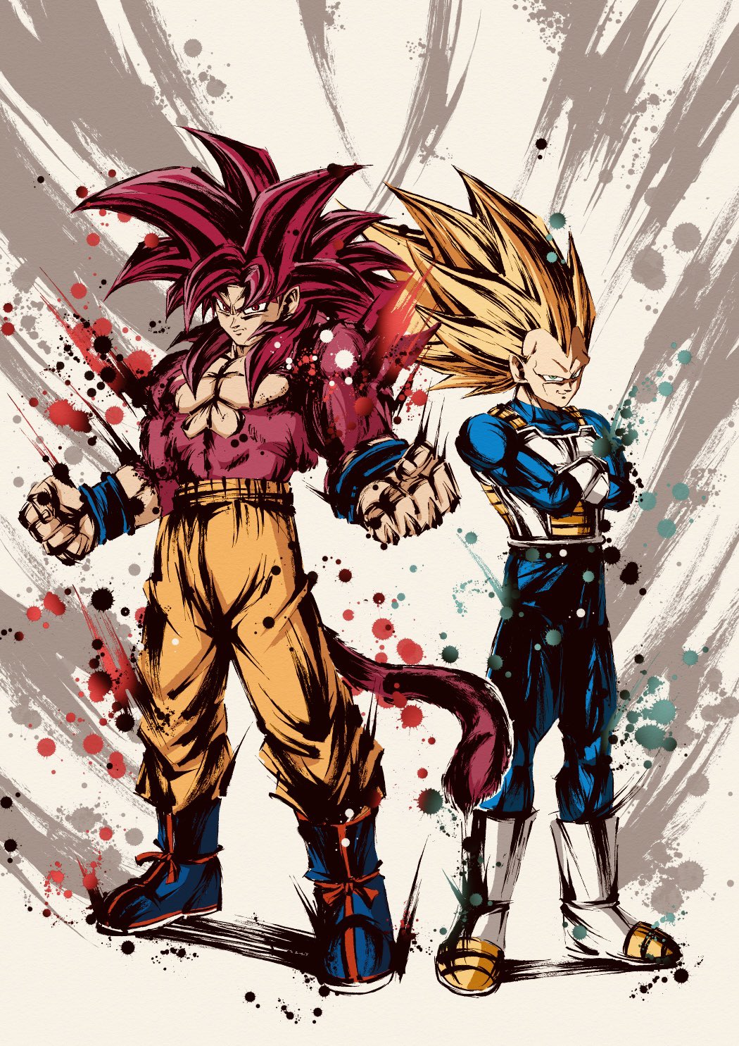 2boys, armor, blonde_hair, blue_bodysuit, blue_boots, body_fur, bodysuit, boots, crossed_arms, dragon_ball, dragon_ball_daima, full_body, gloves, grey_background, highres, ink_wash_painting, looking_at_viewer, male_focus, monkey_tail, multiple_boys, no_eyebrows, orange_pants, pants, red_fur, red_hair, red_tail, saiyan_armor, simple_background, son_goku, spiky_hair, spmjg7, super_saiyan, super_saiyan_3, super_saiyan_4, tail, vegeta, white_armor, white_boots, white_gloves