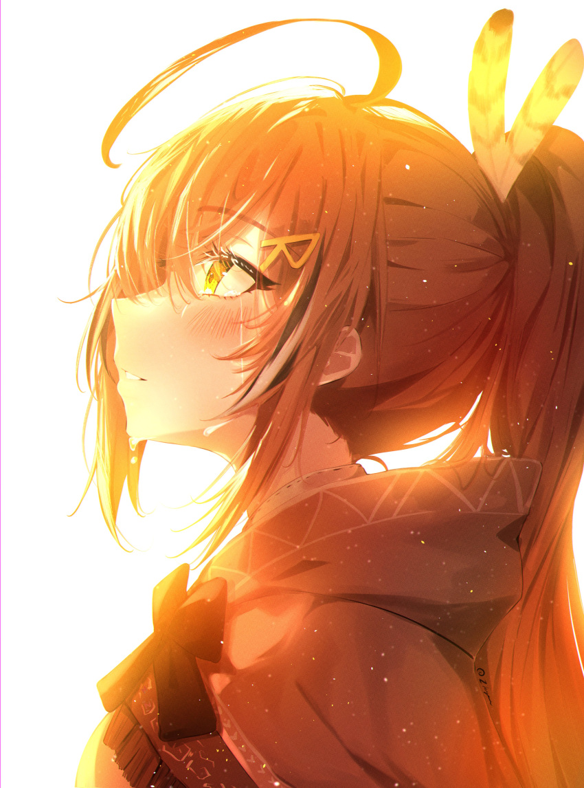 1girl, absurdres, ahoge, backlighting, brown_cloak, brown_eyes, brown_hair, cloak, crying, feather_hair_ornament, feathers, from_side, glowing, hair_ornament, hairclip, highres, hololive, hololive_english, hood, hooded_cloak, kyouichi_zen, long_hair, looking_up, multicolored_hair, nanashi_mumei, nanashi_mumei_(1st_costume), parted_lips, ponytail, ribbon, shirt, sidelocks, streaked_hair, very_long_hair, virtual_youtuber, white_shirt