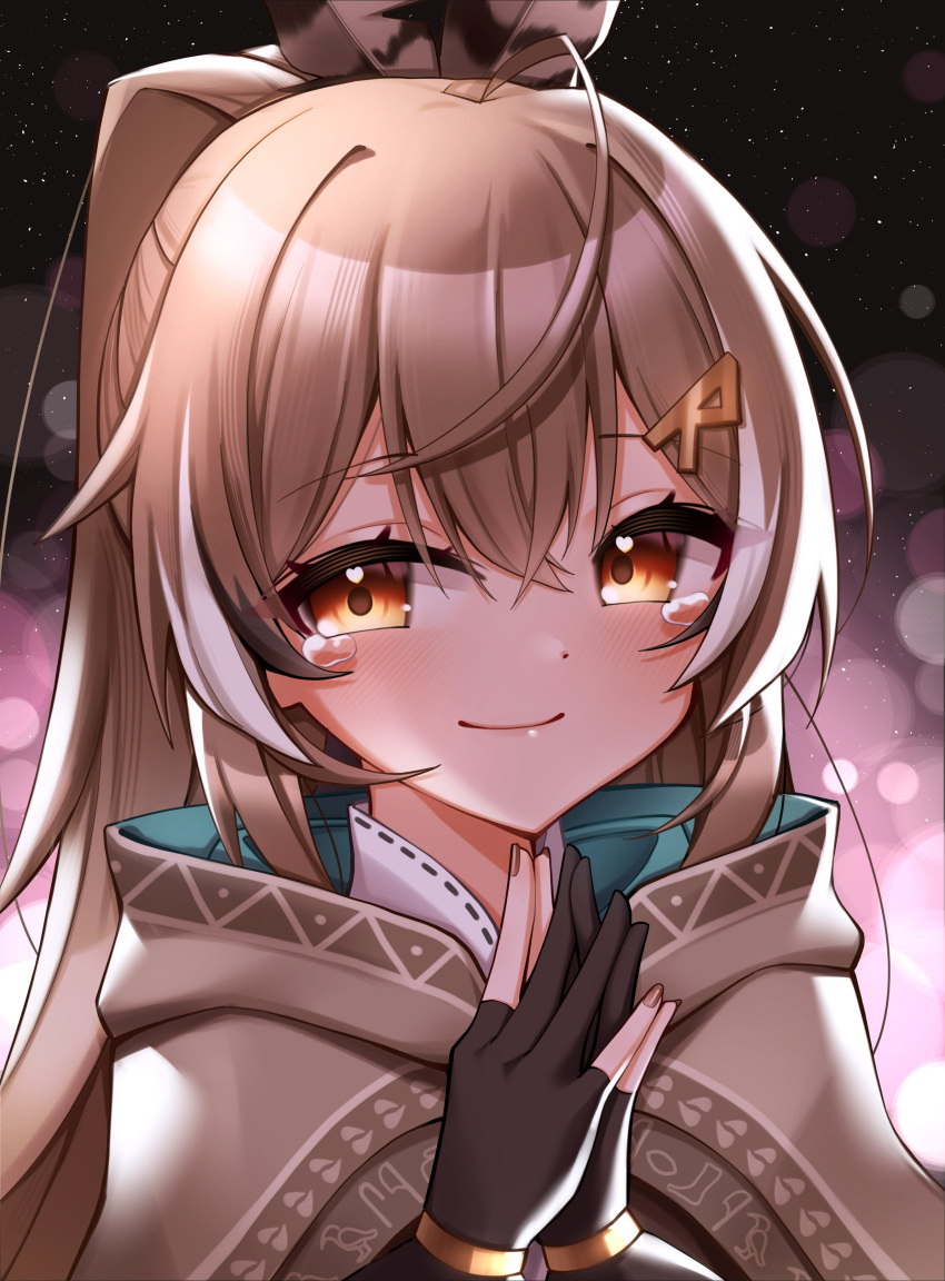 1girl, absurdres, ahoge, blurry, bokeh, brown_cloak, brown_eyes, brown_hair, brown_nails, cloak, depth_of_field, feather_hair_ornament, feathers, gloves, hair_ornament, highres, hololive, hololive_english, hood, hooded_cloak, lavendeavor, long_hair, looking_at_viewer, multicolored_hair, nanashi_mumei, nanashi_mumei_(1st_costume), partially_fingerless_gloves, ponytail, portrait, shirt, sky, smile, star_(sky), starry_sky, steepled_fingers, streaked_hair, tearing_up, very_long_hair, virtual_youtuber, white_shirt