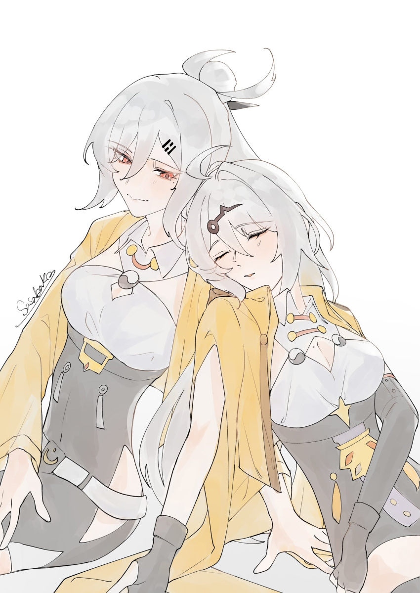 2girls, asymmetrical_gloves, black_gloves, breasts, collared_shirt, gloves, hair_between_eyes, high-waist_shorts