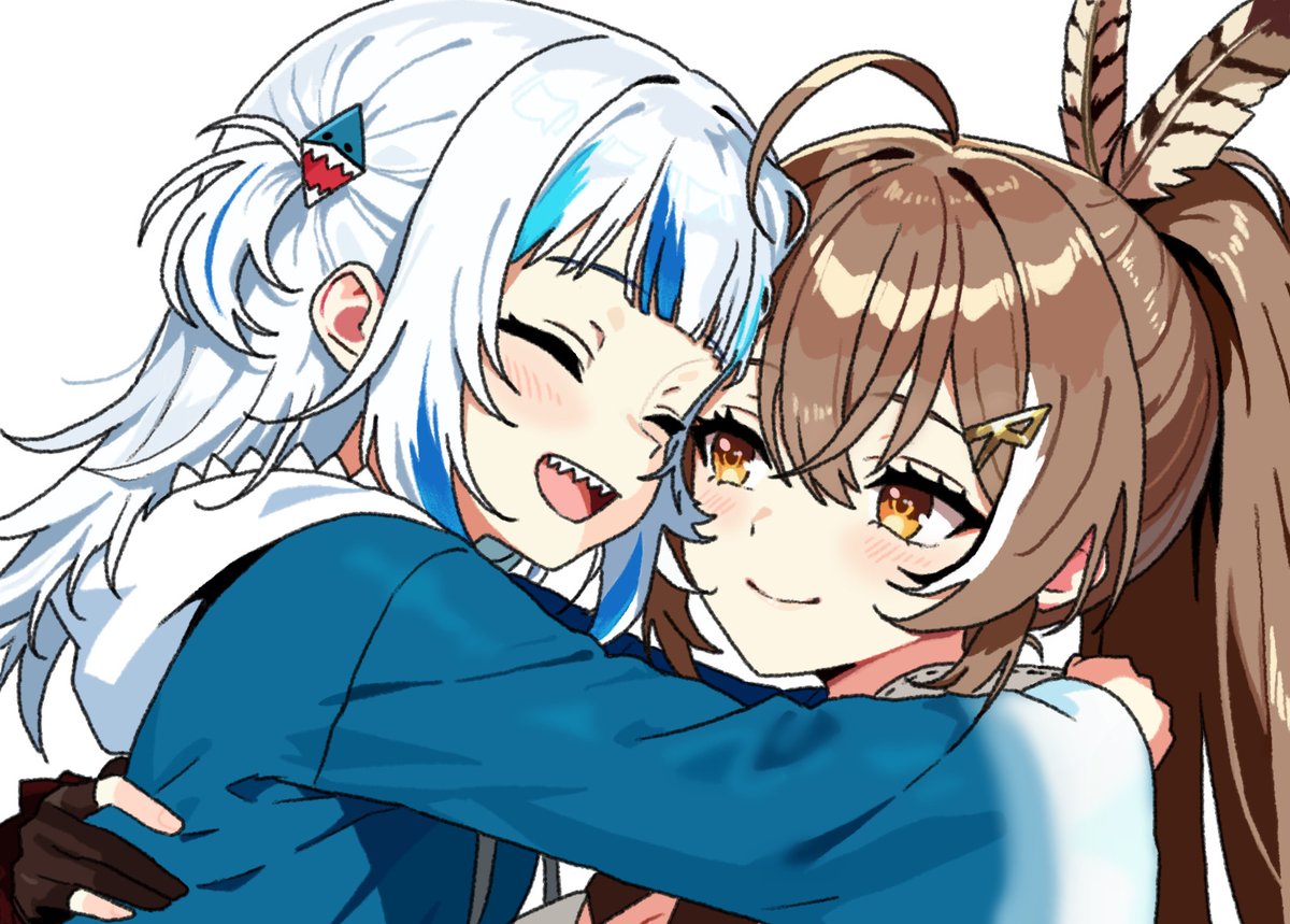 2girls, :d, ahoge, blue_hair, blue_hoodie, brown_eyes, brown_hair, closed_eyes