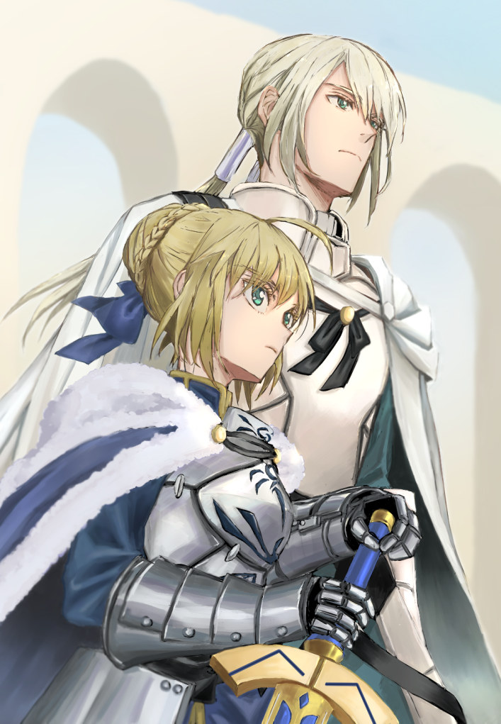 1boy, 1girl, armor, armored_dress, artoria_pendragon_(fate), bedivere_(fate), blonde_hair, blue_cape