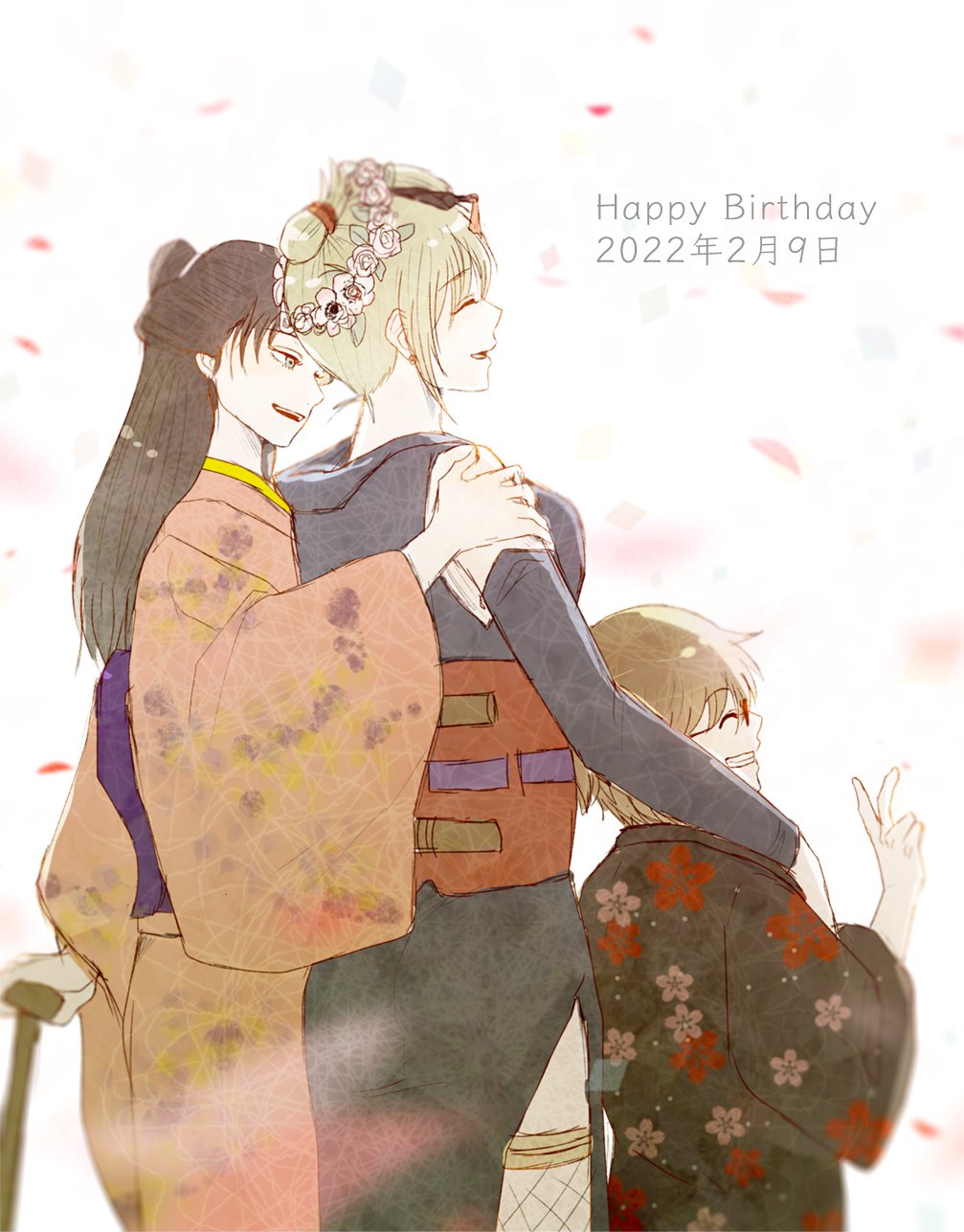 1boy, 2girls, black_hair, black_kimono, blonde_hair, blue_sleeves, brown_hair, cane