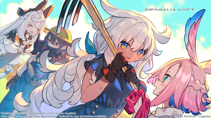 1boy, 3girls, blue_eyes, blue_hair, blush, breasts, closed_eyes, copyright_name, dirty, dirty_face, dragalia_lost, faris_(dragalia_lost), farming, feathered_wings, head_wings, large_breasts, long_hair, multicolored_hair, multiple_girls, official_art, pink_hair, pinon_(dragalia_lost), ponytail, red_eyes, ryszarda_(dragalia_lost), short_hair, white_hair, wings