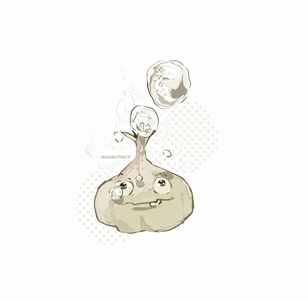 artist_name, black_eyes, bubble, closed_mouth, commentary, garlic_(plants_vs_zombies), halftone, hightguy