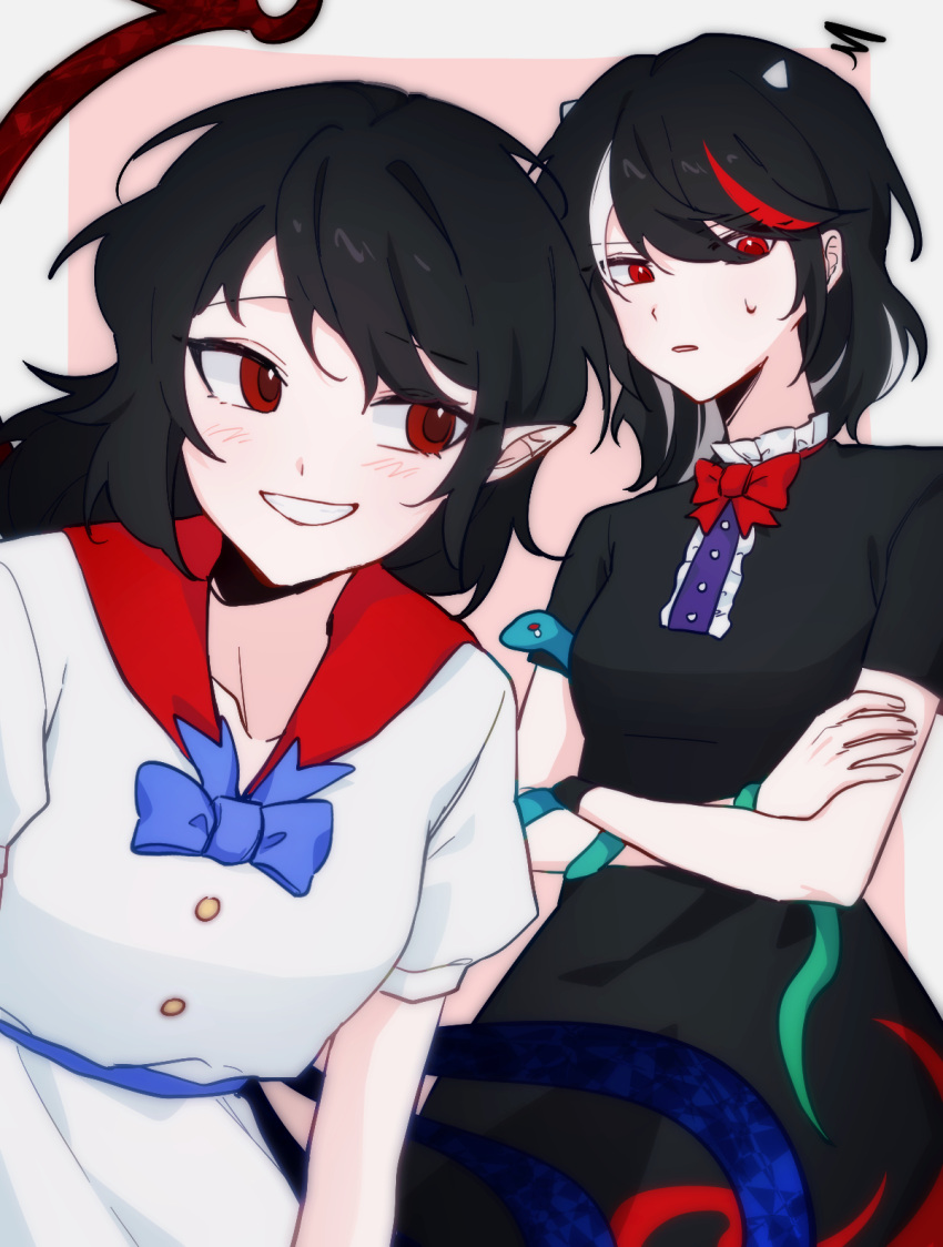 2girls, asymmetrical_wings, belt, black_hair, blue_belt, blue_bow, blue_bowtie, blush
