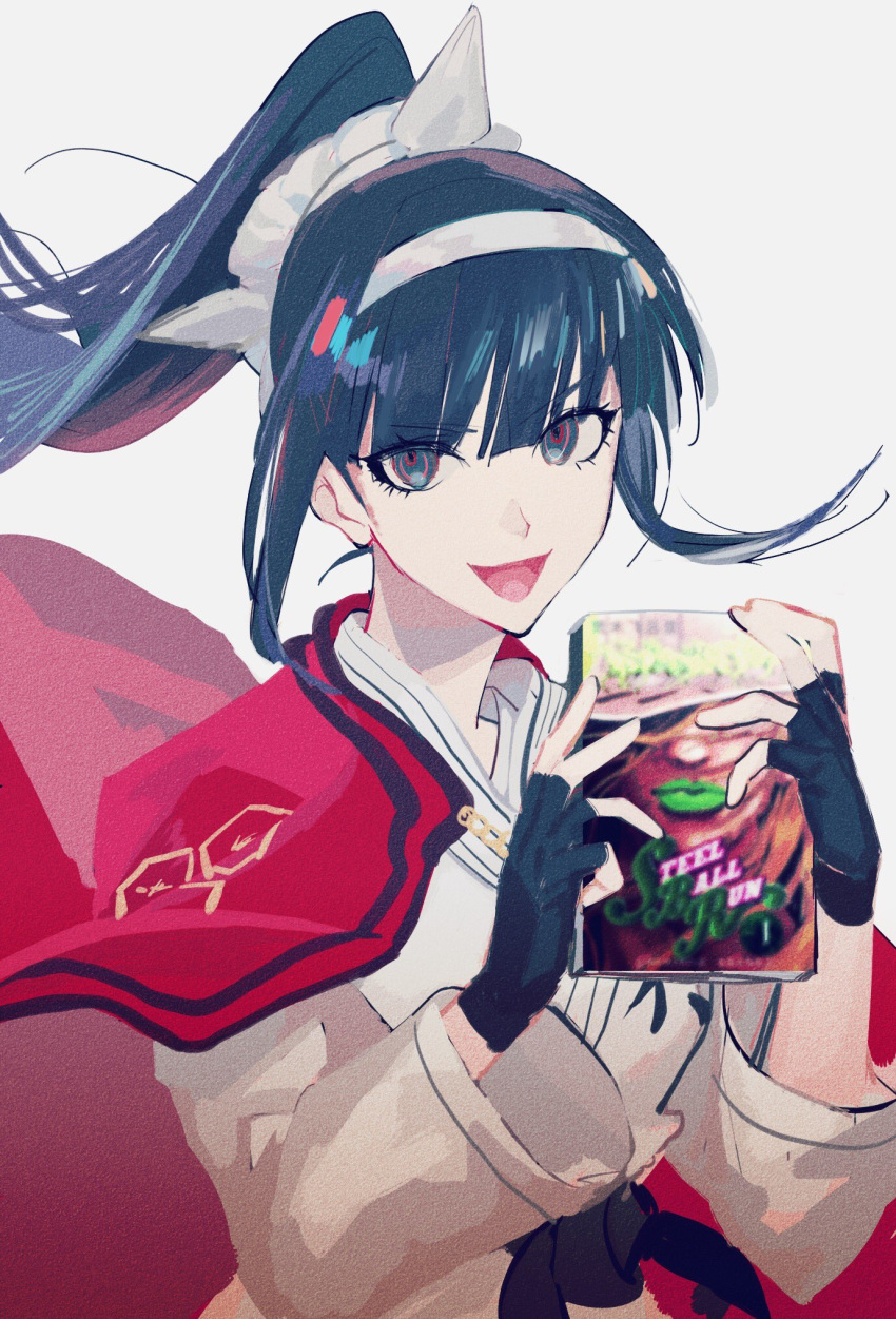 1girl, :d, black_eyes, black_gloves, black_hair, bowknot_huhu, cape, chinese_commentary, commentary_request, dougi, fingerless_gloves, gloves, hairband, highres, holding, holding_manga, jojo_no_kimyou_na_bouken, long_hair, magadori_kyoshika, manga_(object), martial_arts_belt, ponytail, red_cape, sidelocks, simple_background, smile, steel_ball_run, the_hundred_line_-last_defense_academy-, upper_body, white_background