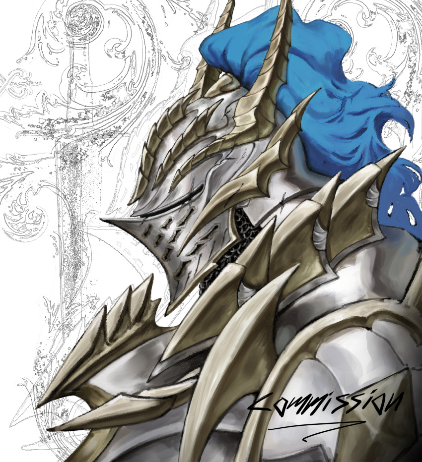1other, abstract_background, armor, blue_plume, chainmail, commission, from_side, helm, helmet, highres, knight, original, profile, russian_commentary, shoulder_armor, spiked_armor, white_background