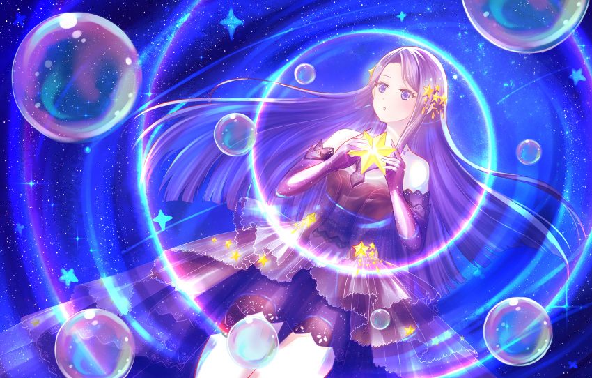 1girl, :o, bare_shoulders, blunt_ends, bubble, commentary_request, cowboy_shot, dot_nose
