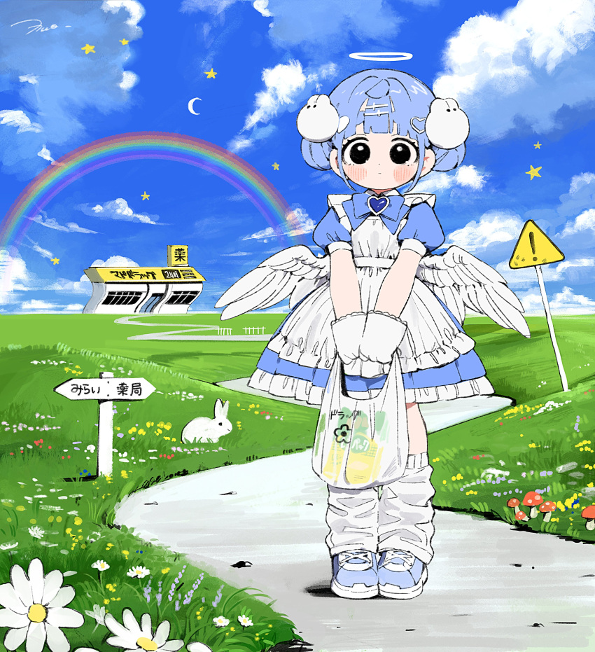 1girl, absurdres, angel, angel_wings, apron, bag, black_eyes, blue_eyes