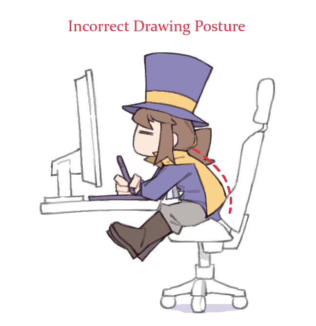 1girl, a_hat_in_time, boots, brown_boots, brown_hair, cape, child, commentary, correct_gaming_posture_(meme), drawing_(action), drawing_tablet, english_text, from_side, fujimna, grey_pants, hair_tie, hat, hat_kid, hat_ribbon, jacket, knee_boots, long_sleeves, meme, monitor, no_mouth, pants, ponytail, purple_hat, purple_jacket, ribbon, sidelocks, sitting, solo, stylus, swivel_chair, symbol-only_commentary, top_hat, yellow_cape, yellow_ribbon, zipper_pull_tab