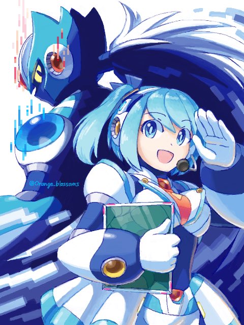 1boy, 1girl, android, armor, blue_armor, blue_bodysuit, blue_eyes, blue_hair, blue_helmet, blue_skin, bodysuit, breasts, chest_jewel, clipboard, colored_sclera, colored_skin, forehead_jewel, from_behind, gloves, gradient_hair, grey_hair, headgear, headset, helmet, holding, holding_clipboard, joints, large_breasts, long_hair, looking_at_another, medium_breasts, mega_man_(series), mega_man_x_(series), mega_man_x_dive, miniskirt, multicolored_hair, navigator, netnavi, no_mouth, one_side_up, open_mouth, orange_blossoms(megaman), ponytail, rico_(mega_man), robot_ears, robot_girl, robot_joints, salute, shirt, short_hair, shorts, shoulder_jewel, side_ponytail, simple_background, skirt, slit_pupils, smile, two_side_up, via_(mega_man), white_armor, white_background, white_shirt, white_shorts, yellow_sclera