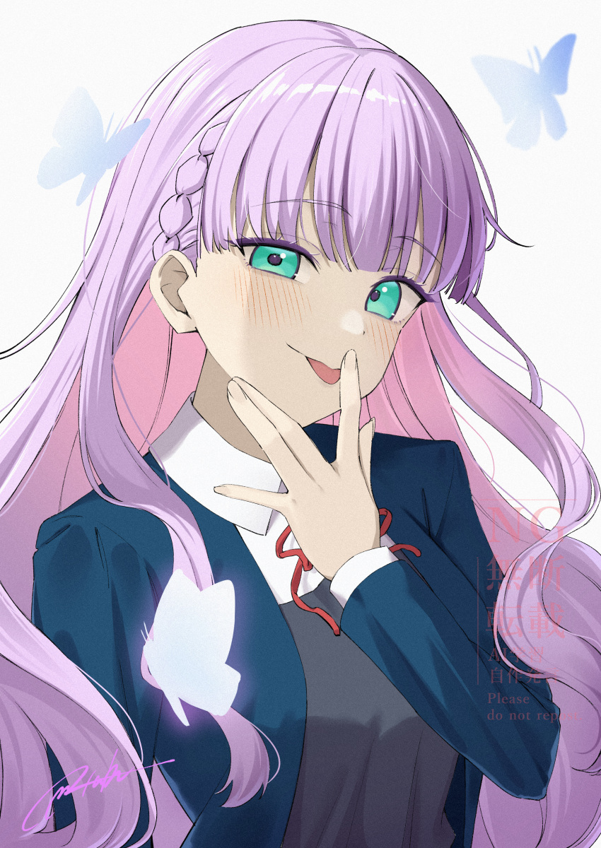 1girl, absurdres, artist_name, blue_butterfly, blue_jacket, blush, braid, bug, butter, butterfly, commentary_request, food, green_eyes, hand_on_own_face, highres, jacket, light_smile, long_hair, long_sleeves, looking_at_viewer, love_live!, love_live!_superstar!!, masami_atabe, neck_ribbon, purple_hair, red_ribbon, ribbon, school_uniform, shirt, signature, solo, tongue, tongue_out, watermark, white_shirt, wien_margarete, yuigaoka_school_uniform