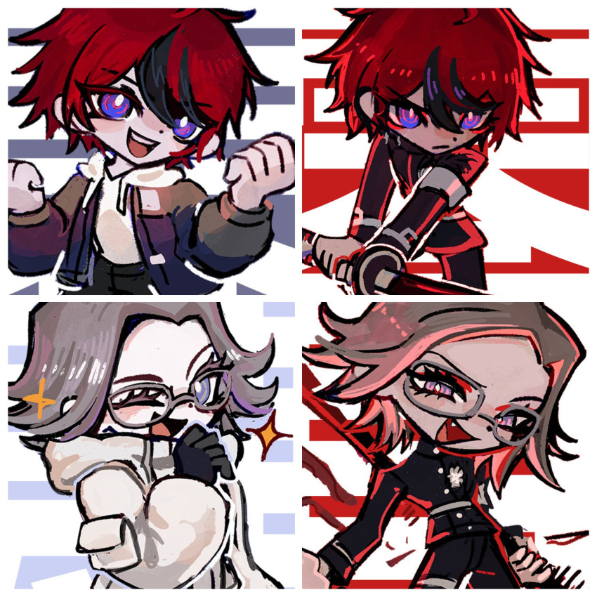 2boys, :d, aotsuki_eito, armband, belt, black_gloves, blue_eyes, blue_jacket