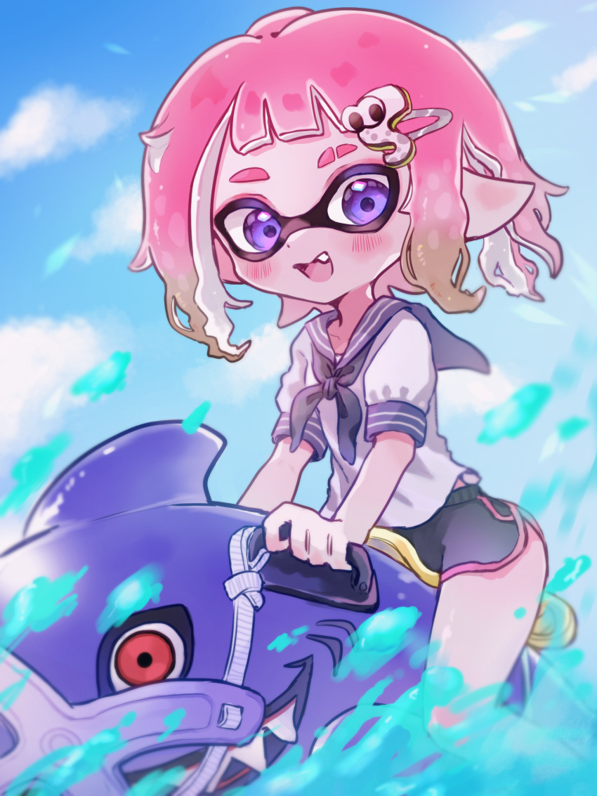 1girl, black_shorts, blue_eyes, blush, clouds, domino_mask, fang, hair_ornament, hairclip, highres, inkling, inkling_girl, inkling_player_character, mask, open_mouth, outdoors, pink_hair, pointy_ears, reefslider_(splatoon), riding, sailor_collar, shirt, short_hair, short_shorts, short_sleeves, shorts, sitting, sky, smile, solo, splatoon_(series), splatoon_3, tebasaki_(teba_illust), thighs, water, white_shirt