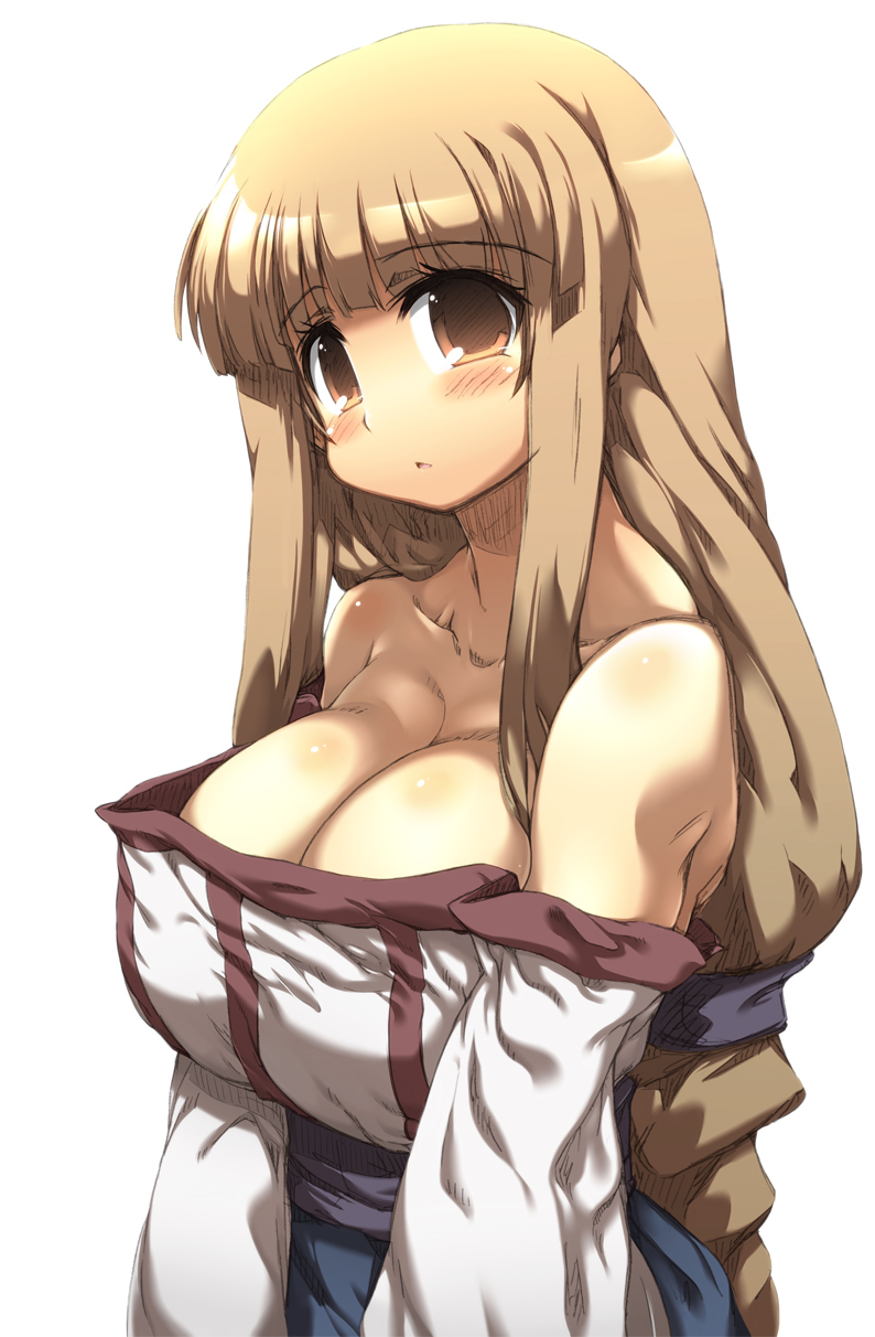 bare_shoulders, blonde_hair, breasts, brown_eyes, cleavage, highres, large_breasts, lieza, long_hair, simple_background, solo, tokyo