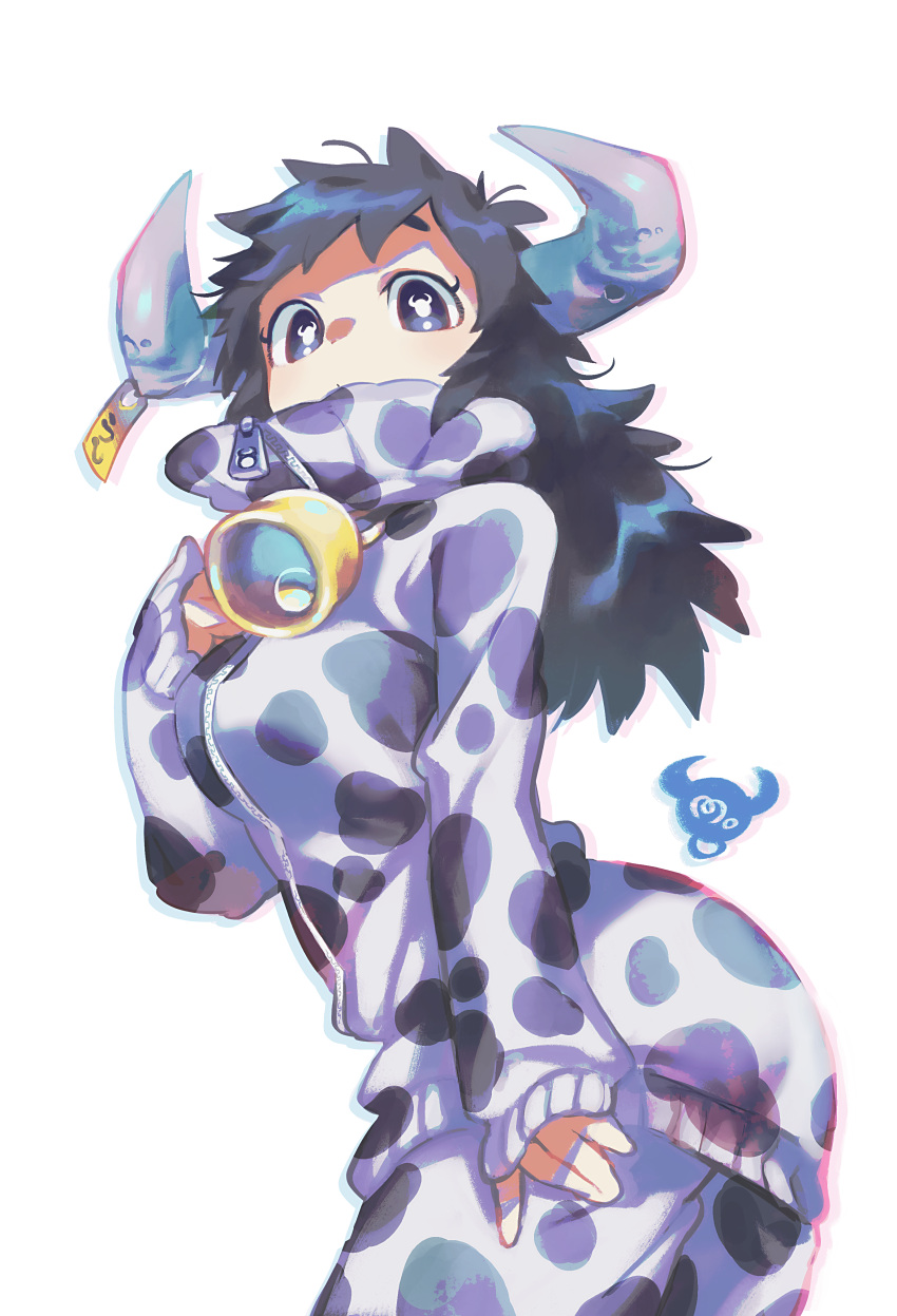 1girl, absurdres, animal_ears, animal_print, arched_back, bell, black_hair, blue_eyes, commentary_request, cow_ears, cow_girl, cow_horns, cow_print, cow_print_jacket, cowbell, cowboy_shot, from_side, hand_on_own_chest, highres, horns, kitaya, looking_at_viewer, messy_hair, neck_bell, original, sleeves_past_wrists, solo, symbol-shaped_pupils, white_background