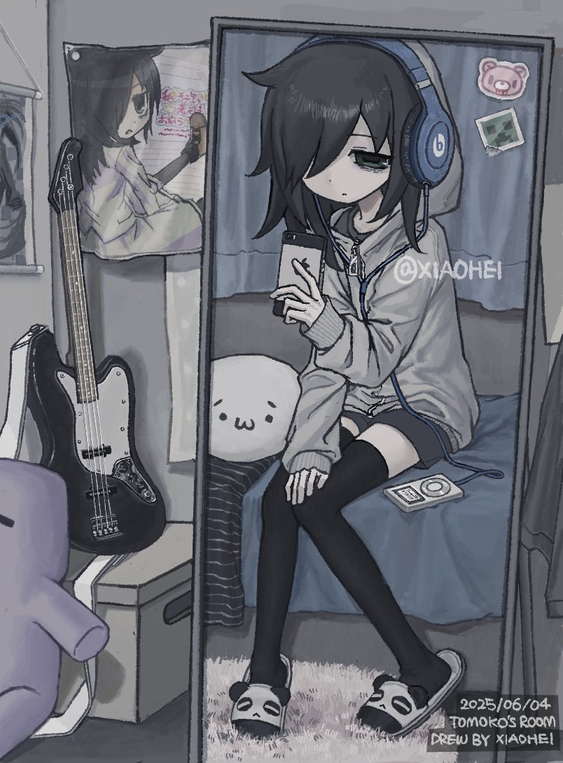 1girl, animal_slippers, bags_under_eyes, bed, bedroom, black_hair, black_shorts, black_thighhighs