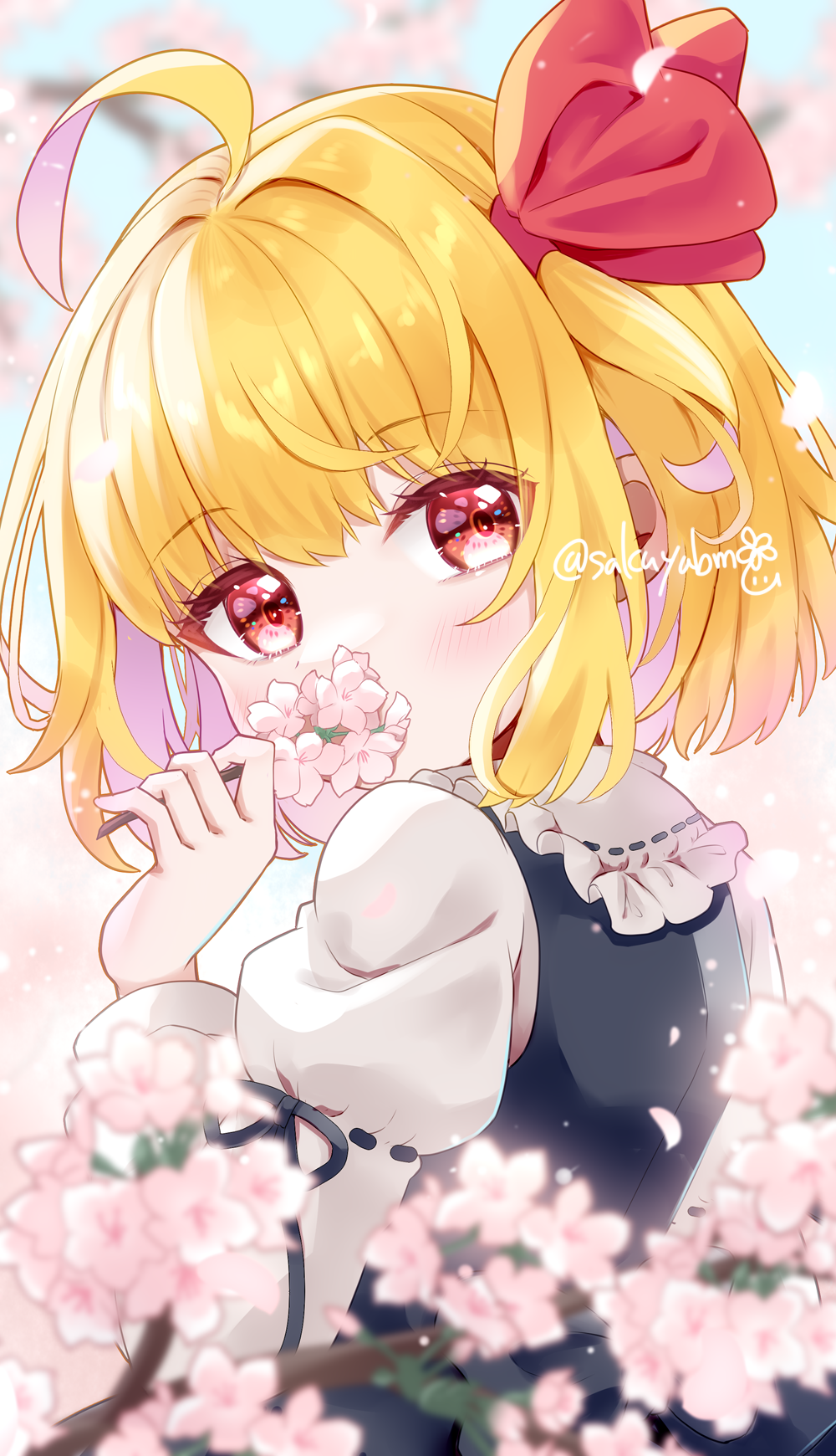 1girl, ahoge, black_ribbon, black_vest, blonde_hair, blurry, blurry_foreground, bow